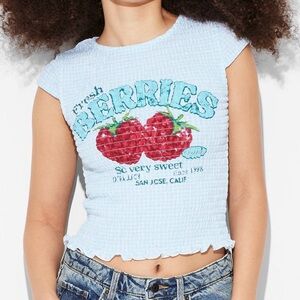 Wild Fable Smocked Cap Sleeve Highneck Smocked Graphic T-Shirt - Light Aqua Blue